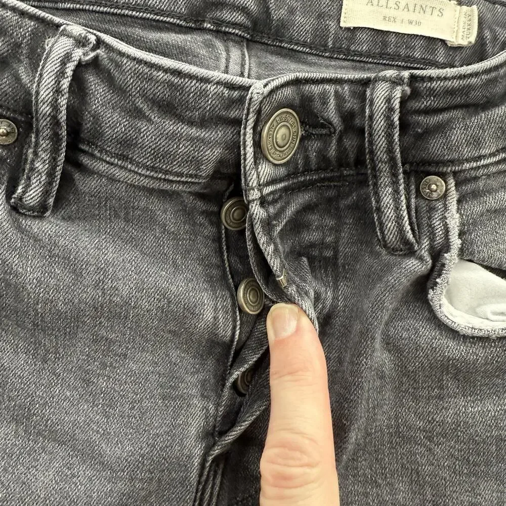 AllSaints Rex Jeans‎ Men 30/26 Gray Cotton Button Fly Distressed Designer.
